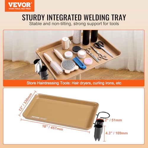 VEVOR Salon Tray Cart, 30"-43" Height Adjustable Rolling Salon Tray, Cold-Rolled Plate Tattoo Tray with 5 Wheels (2 Lockable) for SPA Barber Clinic, Gold & Black