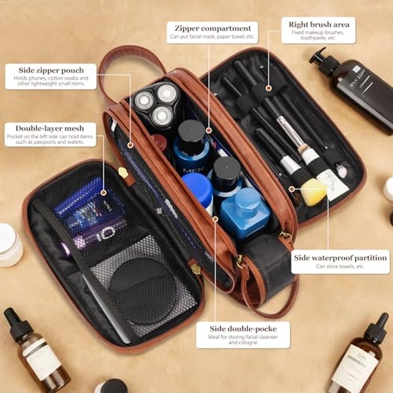 Mens Leather Toiletry Bag Waterproof Travel Organizer