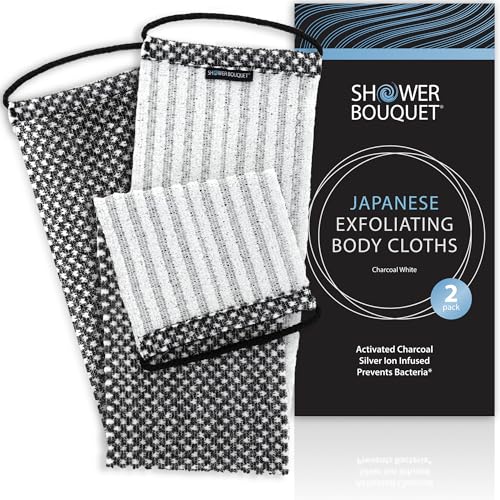SHOWER BOUQUET Charcoal-Loofah XL 4-Pack & Japanese-Exfoliating-Washcloth 2-Pack for Back & Body // 4 Extra Large Bath Sponges Plus Silver Ion Infused Exfoliating Towel with Handles, 2 Charcoal White