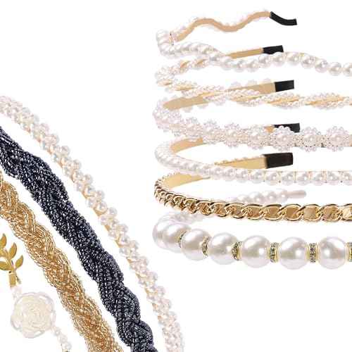 Pearl and Metal Headbands - Beaded No Slip Hair Accessories for Women and Girls, 10 Pack