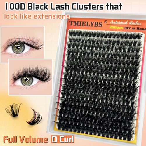 Fluffy Eyelash Extension Kit 100D 288pcs Volume Lash Clusters Kit 9-16mm D Curl Individual Lashes Clusters DIY Lash Extension Kit Clusters Lash with Bond and Remover Lash Applicator by TMIELYBS