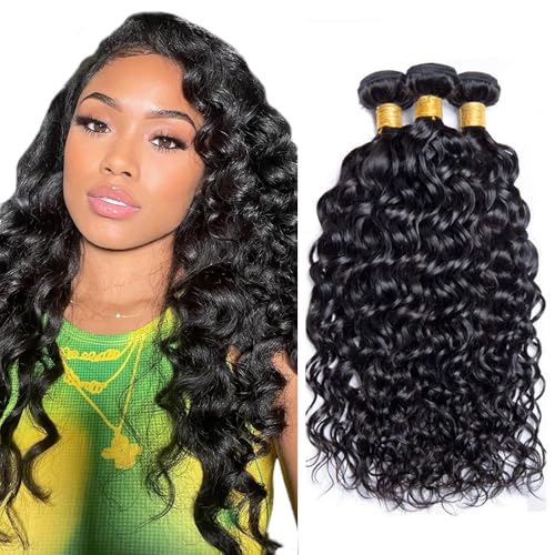 Freiuoke 3 Bundles Black Water Wave Human Hair Extensions - 24-28 Inch