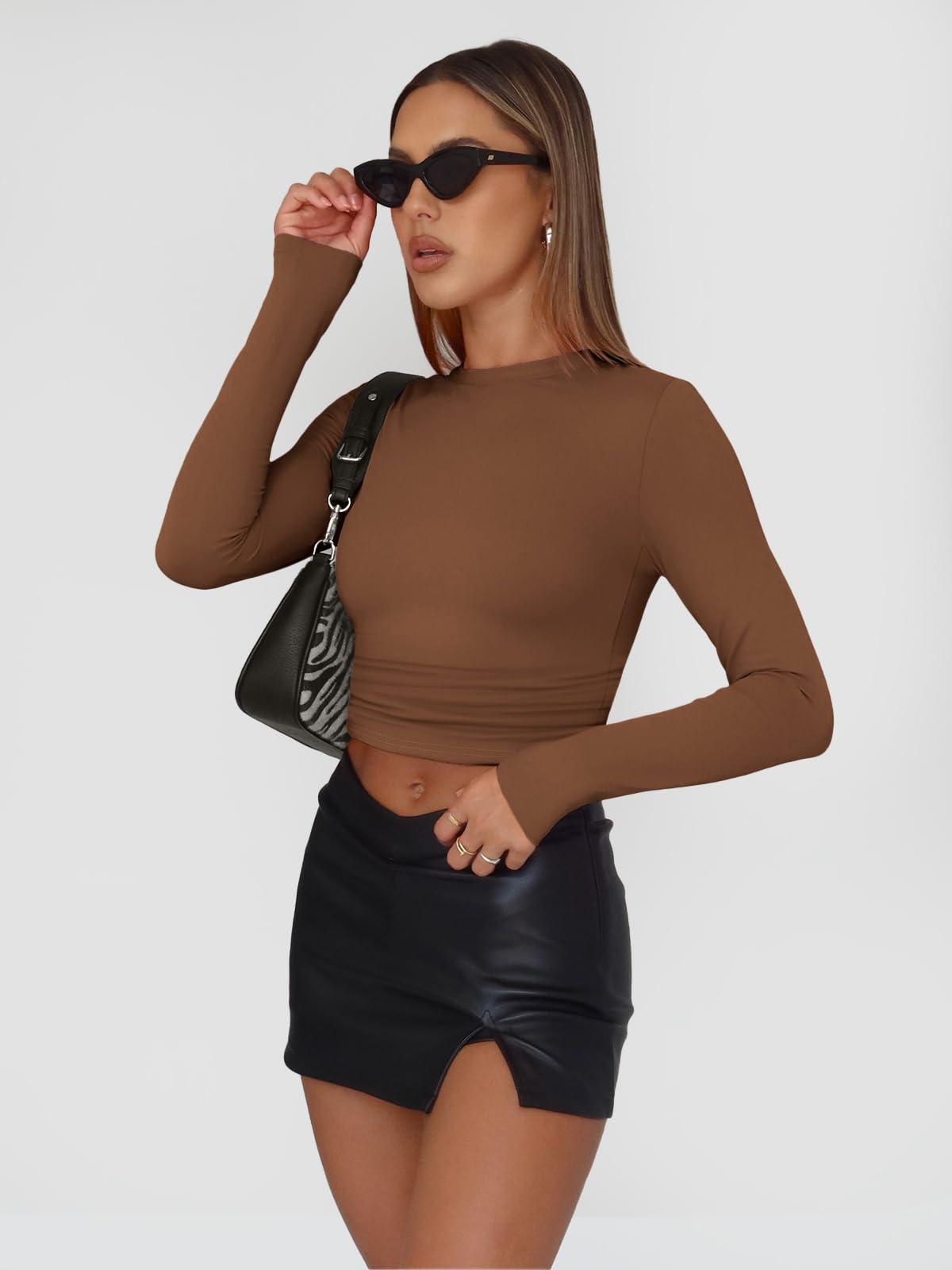 Trendy Queen Womens Long Sleeve Shirts Basic Spring Crop Tops Tees Tight Slim Fit Cute Going Out Outfits Teen Girls Fall Winter Y2k Clothes 2024 Brown XS