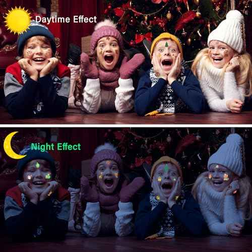 Glow in the Dark Christmas Tattoos for Kids, 35 Sheets | 350+ Cute Luminous Patterns, Christmas Stocking Stuffers Kids, Temporary Tattoos for Girls & Boys with Santa Claus, Reindeer, Snowmen & More