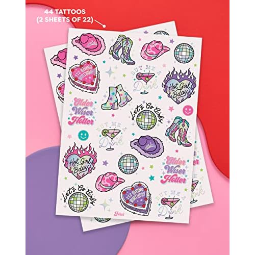 xo Fetti Birthday Decorations Temporary Tattoos - 44 pcs | Fun Bday Girl Party, Older, Wiser, Hotter, HBD, Disco Cowgirl, Hot Girl Bday