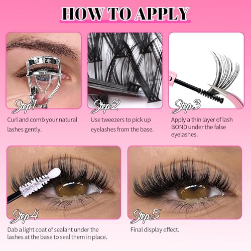 Lash Extension Kit, 30D 40D 50D 60D Individual Lash Clusters, 640Pcs Eyelash Clusters DIY Lash Books with Lash Bond and Seal, Lash Tweezers Brush