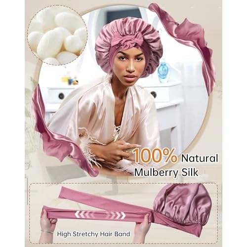 100% Mulberry Silk Bonnet for Sleeping Women Silk Hair Bonnet Elastic Tie Band Hair Wrap with Silk Hair Scrunchies and Silk Sleep Eye Mask(Bean Paste+Pink)