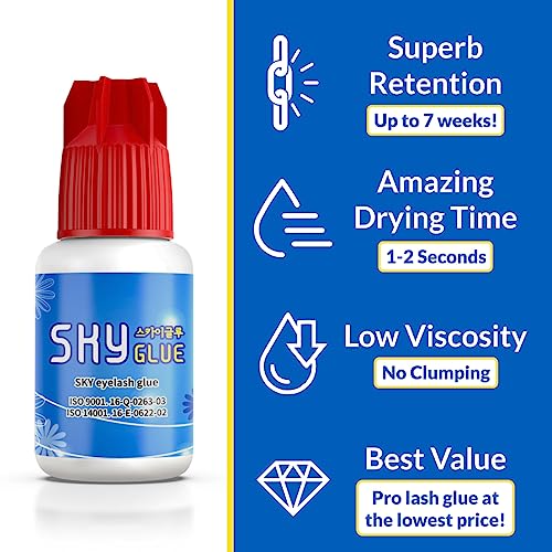 Sky Glue for Eyelash Extensions S+ | Super Strong Lash Extension Glue | Professional Black Adhesive for Long Lasting Semi Permanent Individual Lash Extensions | Fast Drying / 7+ Week Retention 5ml