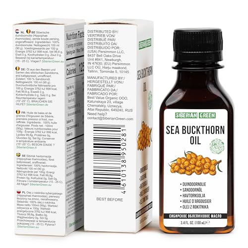 Siberian Sea Buckthorn Oil | 100% Natural Extra Virgin Cold Pressed 100 ml / 3.4 fl oz | Unrefined Raw Vegan | Exclusive Healthy Diet Food Grade