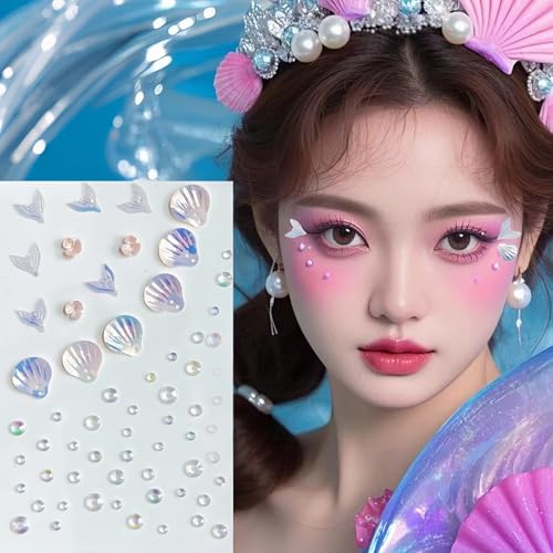 Glitter Rhinestone Tattoo Stickers for Makeup, Shell Fish Tail Flowers Face Eye Gems, Self Adhesive Face Jewelry with Ocean Color, Cute Mermaid Face Stickers, Birthday Rave Concert Party Supplies