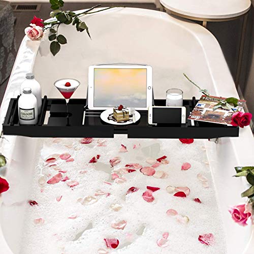 Domax Black Bamboo Bathtub Tray Expandable Bath Caddy for Tub, Waterproof & Adjustable
