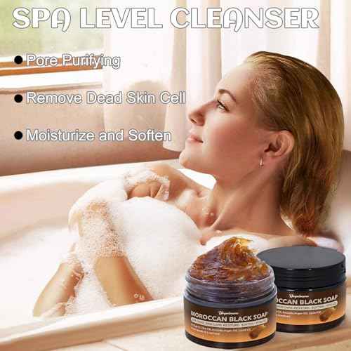 2 PCS Unrefined Moroccan Black Soap Handcrafted, Argan Oil Authetic Black Beldi Soap SPA Level Highly Moisturize, Purify and Soften Skin, with Laurel Oil for Face and Body, Unscented, 5.29 oz/150 g