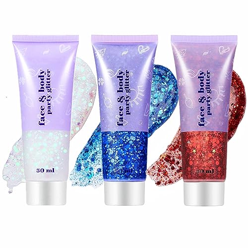 Go Ho Red White Blue Body Glitter Gel Set for 4th of July, 3 Colors with Sequins - Safe, Long-Lasting, Vegan Body Makeup