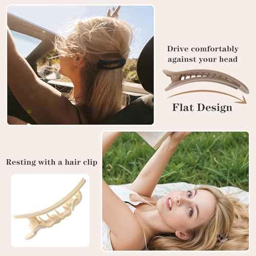 6 PCS Flat Hair Clips, French Lay Flat Claw Clips for Women Girls, 3 Styles Strong Hold Non-slip Matte Hair Claws for Thin Thick Hair(Brown&White)
