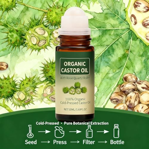 Organic Castor Oil Roll-on with Rose Quartz - 1.7oz, Cold-Pressed for Skin, Brows & Lashes (Variation 1)