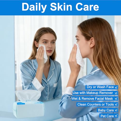 Disposable Face Towels, 480 Count Ultra Soft and Thick Cotton Facial Towels for Sensitive Skin, Dry Wipes Face Tissues Towelettes for Cleansing, Makeup Remover and Skincare