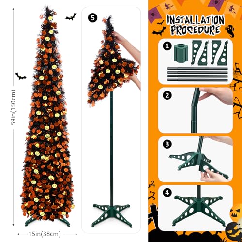 Black Halloween Tree with Light, 5Ft Pop Up Artificial Pencil Tree with Orange Pumpkin, Halloween Decorations Tree for Home Office Party Fireplace Holiday Decor(Purple Orange)