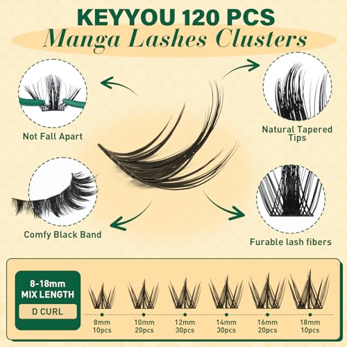KEYYOU LASH California Sunset Manga Lash Clusters 8-18mm Fairy Eyelash Clusters Natural DIY Lash Extension Wispy with Soft Thin Band(MG01 Lashes)