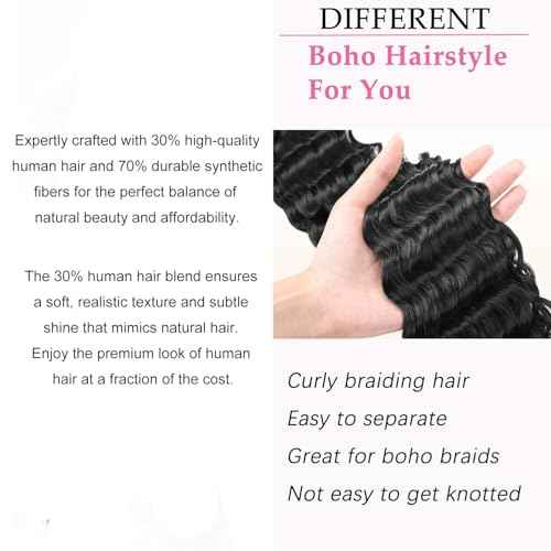 24 Inch Deep Wave Braiding Hair Extensions for Goddess Braids 30% Human Hair Mixed Crochet Braiding for Boho Box Braids Black Ocean Wave Crochet Hair 1B# Pack of 6