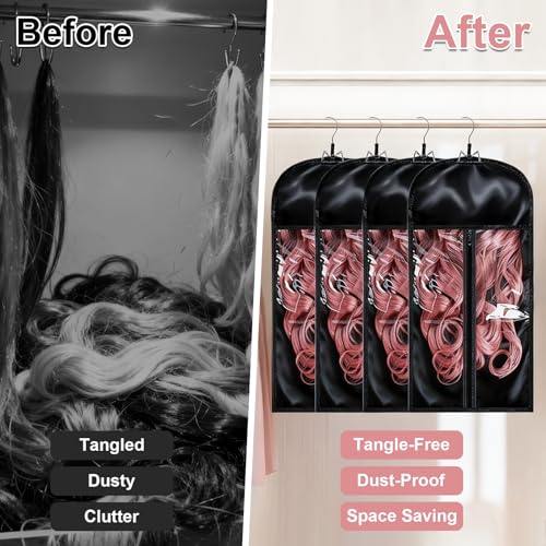 FAMOVELL 2 Pack Silk Satin Wig Storage Bags with Wooden Hangers