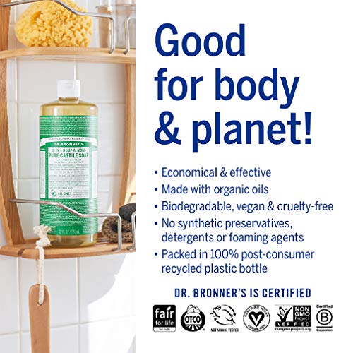 Dr. Bronner's - Pure-Castile Liquid Soap (Almond, 16 ounce) - Made with Organic Oils, 18-in-1 Uses: Face, Body, Hair, Laundry, Pets and Dishes, Concentrated, Vegan, Non-GMO