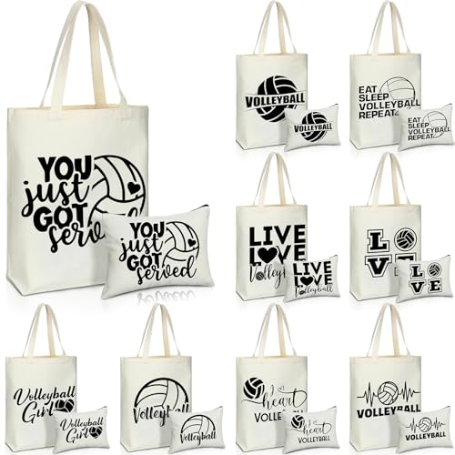 18 Pcs Volleyball Basketball Gifts for Women Cosmetic Bag Canvas Tote Bags Set for Teen Makeup Travel Players Teams(Volleyball)