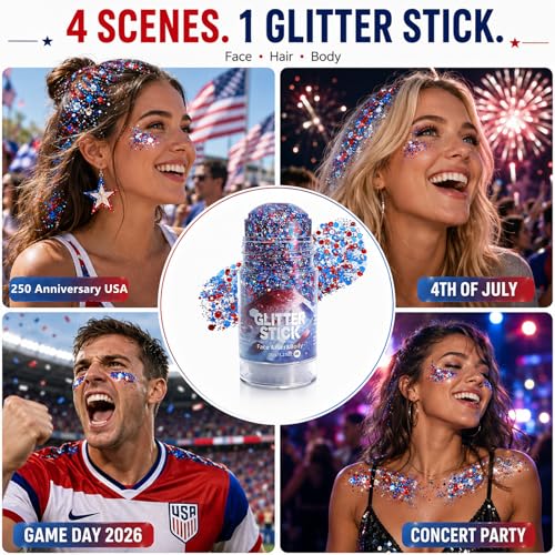 Go Ho Hexagon 1.23oz 4th of July Glitter Stick – Red White Blue Face Hair Body