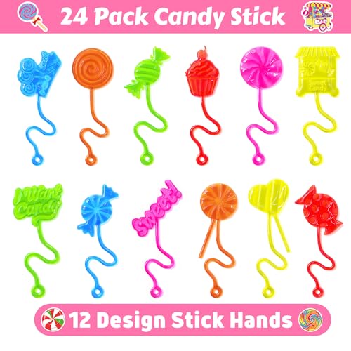48PCS Candy Land Party Favors - 24PCS Temporary Tattoos & 24PCS Stick Hands Party - Perfect Birthday Party Supplies, Goodie Bag Stuffers, Treasure Box Toys, Classroom Prizes, and Student Gifts