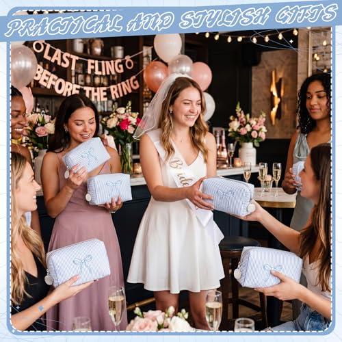 Blue Bow Seersucker Cosmetic Bags Set of 6 - Women's Travel Makeup Pouches