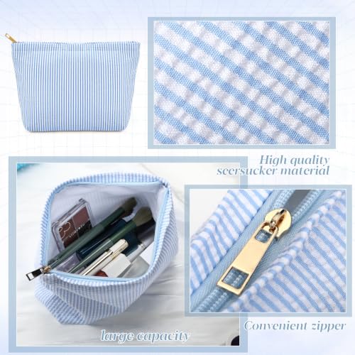 Blue 8-Piece Seersucker Makeup Bag Set for Women - Organizer Pouches