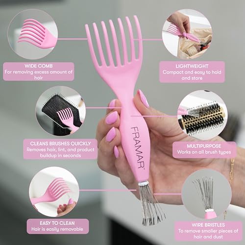 FRAMAR Premium Hair Brush Cleaner Tool ? Hairbrush Cleaner Tool, Brush Cleaner Tool for All Types, Comb Cleaner ? 2 in 1 Design Removes Hair & Build up Instantly ? Pink