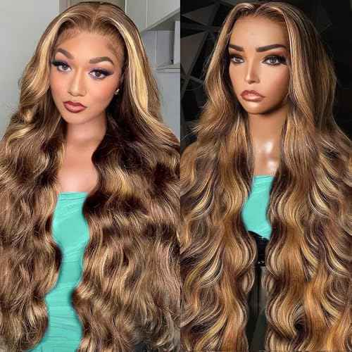 Highlight Ombre 13x6 Lace Front Wig Human Hair 220% Density Honey Blonde Ombre Highlight Body Wave Human Hair Wig Pre Plucked with Baby Hair 4/27 Highlight Wigs for Women 22 Inch