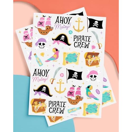 xo, Fetti Pirate Crew Temporary Tattoos - 48 Gold Foil Pcs | Birthday Accessory, Girl Treasure Hunt Decorations, Kids Ahoy Party Favor, Cute Pink Activity