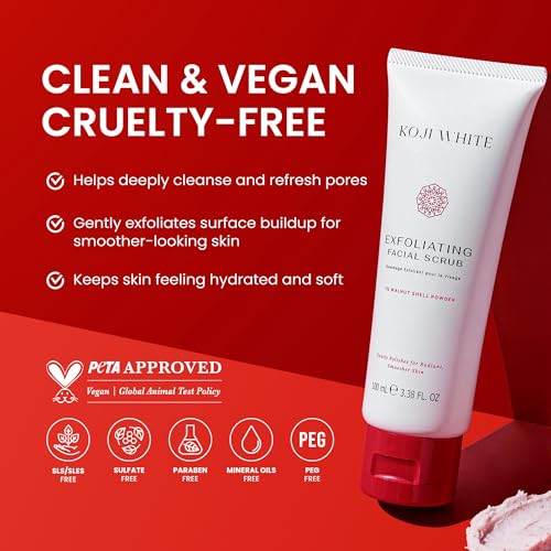 Koji White Exfoliating Facial Scrub | Kojic Acid Face Wash, Gentle Daily Scrubber & Exfoliator for Radiant with 1% Walnut Shell, AHA, Hyaluronic Acid for Uneven Skin Tone, Vegan Skincare, 3.38 Fl Oz