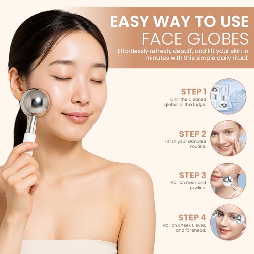 Ice Globes with Storage Bag - Facial Cryo Rollers, Cooling Eye Applicator, Massage Beauty Balls for Face, Stainless Steel Cryoglobes, Icing Cream Stick, Metal Skin Massager for Women (Gold)