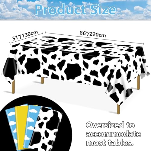 QUERICKY 4 Pack Colorful Cow & Check Pattern Plastic Tablecloths for Kids Birthday & Baby Shower, 87x51 inch, Blue, Yellow, Black