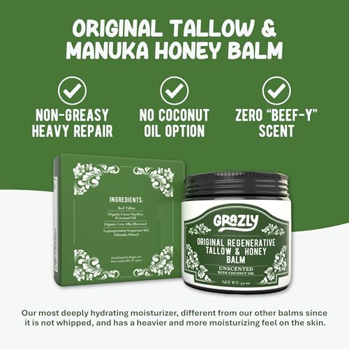 Original Beef Tallow & Manuka Honey Balm | 100% Grass?Fed & Finished Beef Tallow, Raw Manuka Honey, Beeswax | Deeply Moisturizing & Repairing Skincare Balm | 3 oz Jar