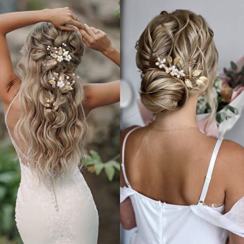 Gold Leaf Pearl Bridal Hair Pins Set - 4 Pieces