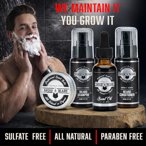 Beard Straightener Grooming Kit for Men, Beard Growth Kit, Wash, Brush & Comb, Unscented Growth Oil, All Natural Sandalwood Balm, Conditioner, Razor & Scissors, Great Gift Idea for Men's (Black)