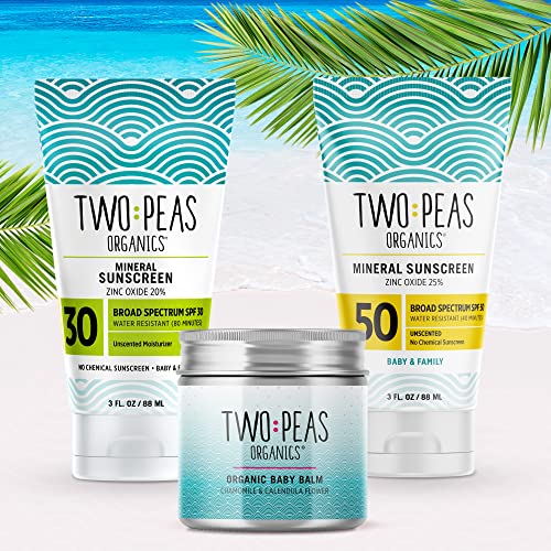 Two Peas Organics - All Natural Organic SPF 30 Sunscreen Lotion - Coral Reef Safe - Baby, Kid & Family Friendly - Chemical Free Mineral Based Formula - Waterproof & Unscented - 3oz (two Pack)