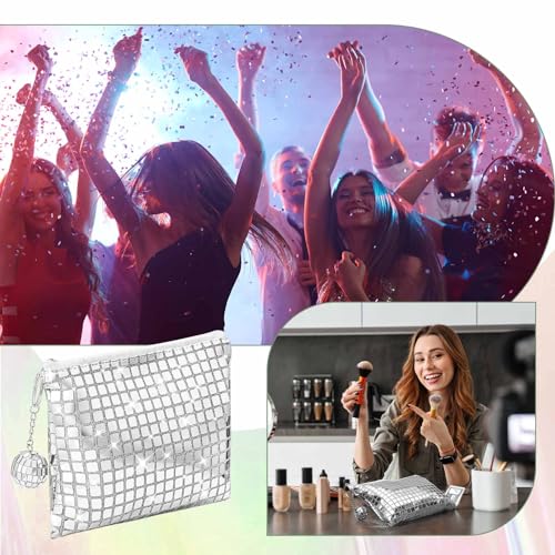 20 Pack Disco Makeup Bags Pop Star Party Favors Portable Glitter Sequin Mirror Cosmetic Organizer with Zipper, Suit for Bachelorette New Years Eve 70s, 80s, 90s Disco Party Favor (Silver)