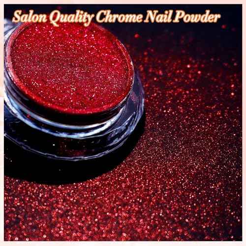 Chrome Nail Powder, Red Metallic Nail Powder Pigment Premium Mirror Effect Salon Nail Art Glitter Dust for Valentines Gel Polish Decoration Home DIY Nail Manicure Supplies