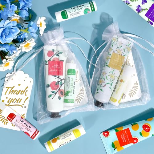 AZEN 50 Sets Bulk Gifts, Hand Cream and Lip Balm Bulk Set with Organza Bag Thank You Card, Baby Shower Wedding Gifts for Guests, Bridal Wedding Favors, Valentines Gift for Women