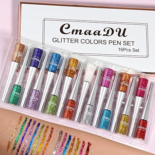 16 Colors Liquid Glitter Eyeliner Set, Waterproof Metallic