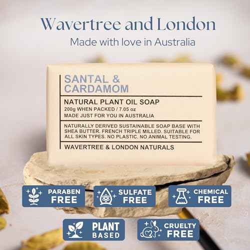 Wavertree & London Santal & Cardamon Scented 100% Natural Soap Bar, 7oz Moisturizing French Triple Milled Soap Bar for Women & Men Enriched with Organic Shea Butter, Pure Bath & Body Soap (1 Bar)