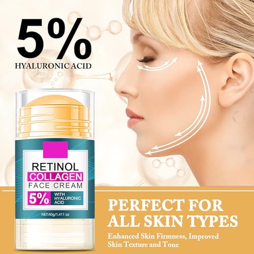 Retinol Collagen Face Cream with 5% Hyaluronic Acid - Anti-Aging Face Moisturizer Stick for Women Fade Lines Firming & Tightening Facial and Neck - Hydrating Face Stick for All Skin Types, 1.41 oz