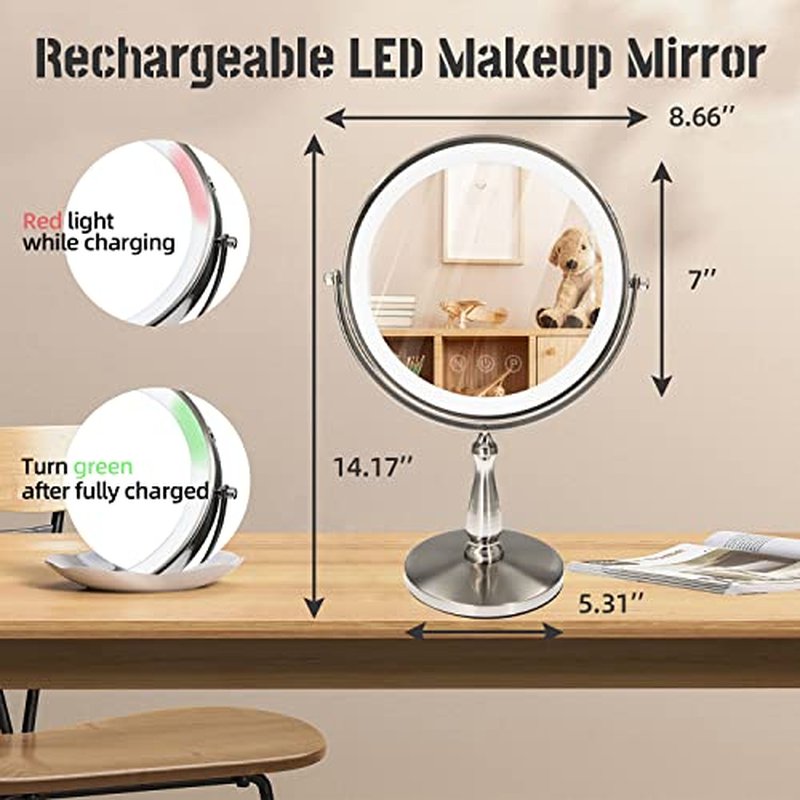 9 "Large Light Makeup Mirror, 1x / 10x True HD Magnifying Mirror, 3-Color Light dimmable, 2 Rechargeable Makeup Mirrors 360¡Æ Rotation, Standing Desk Makeup Mirror, Brush Nickel