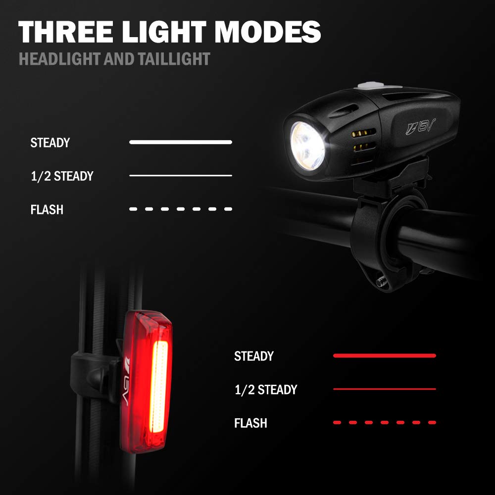 BV Super Bright Bike Light Set USB Rechargeable - Headlight & Taillight, Waterproof IP44 Bicycle Light, 3 Light Modes Including Flash Mode for Safety, Easy to Install and Fits All Bicycles