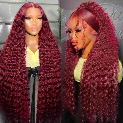 OUX Burgundy Wig Human Hair Real 280 Density 13x6 Deep Wave Lace Front Wigs Human Hair 99j Burgundy Lace Front Wigs Pre Plucked Red Colored Wigs Triple Lifespan (20 Inch)