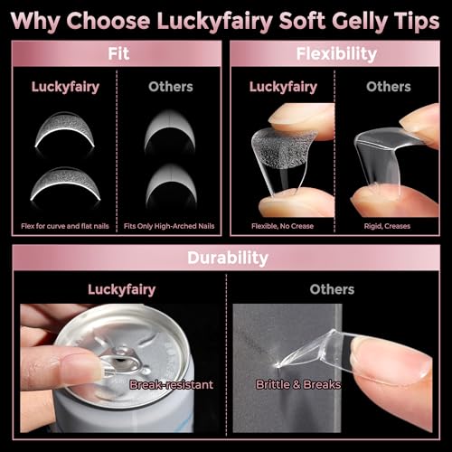 Luckyfairy Short Almond Soft Gel Nail Tips - 240 Pcs Clear Full Cover Fake Nails